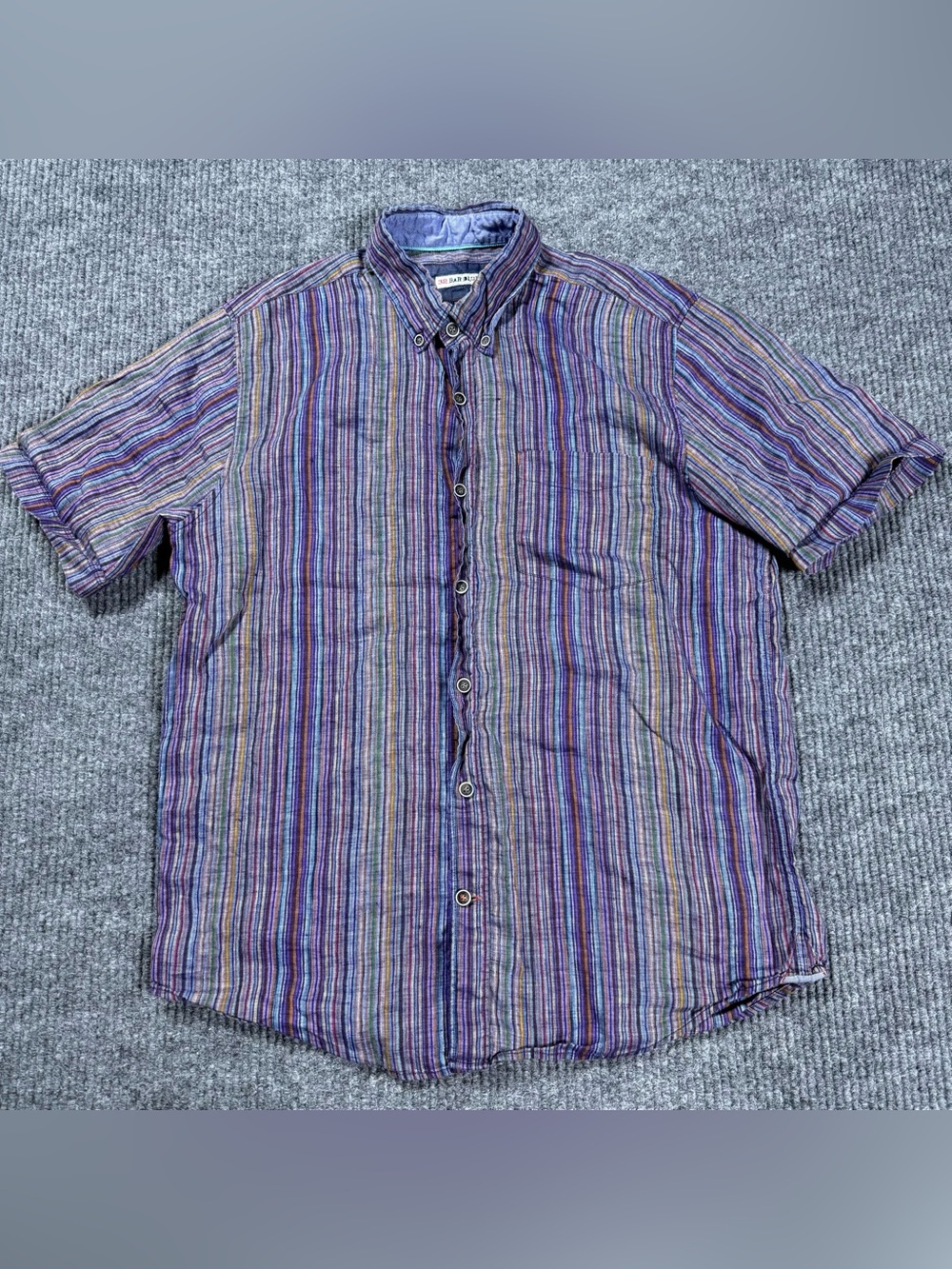 32 Bar Blues Linen Shirt Mens Sz M Striped Short Sleeve Button Up Casual Western